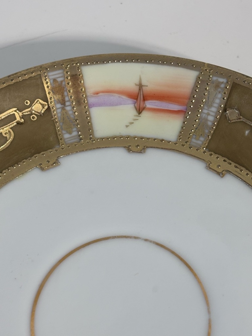 Antique Hand Painted Nippon Saucer Gold Moriage Enamel Floral Scenic Japan boat - Picture 8 of 12